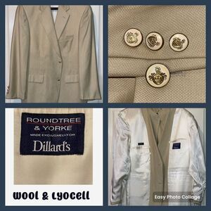Roundtree‎ York Blazer Men 42R Ivory Knight Shield Enamel Buttons Wool Lyocell